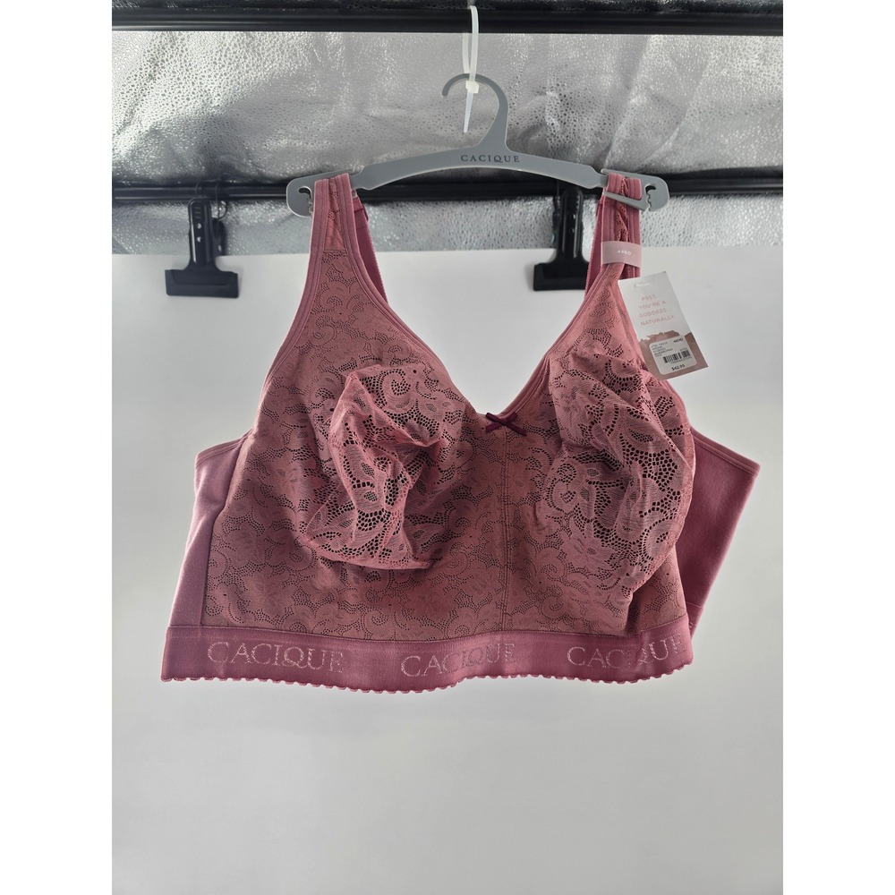 Cacique Pink Lace Unlined Full Coverage No-Wire‎ Front-Close Bra 48DD NEW